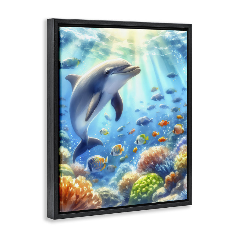  Art mural sur toile flottante "Dauphin souriant sous la mer" par LSR Design Studio, Cadre flottant noir de jais