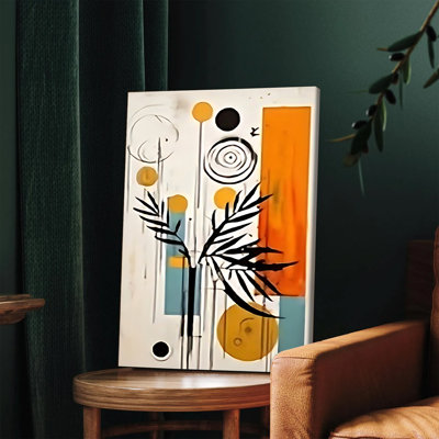1 pièce, art mural, affiche, art mural moderne abstrait avec des feuilles tropicales et des motifs géométriques orange vif, jaune, jaune, peinture sur toile contemporaine pour le salon, la chambre, la décoration intérieure, une œuvre d'art unique, une idée de cadeau