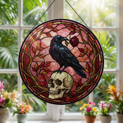 Panneau de vitrail 12 po H Raven Skull