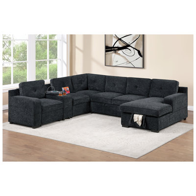 Ensemble de canapé modulaire en U en chenille noir moderne 4 pièces avec canapé-lit, méridienne de rangement et console USB