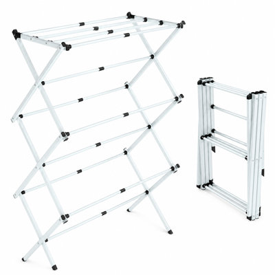 Étendoir à linge pliable sans montage, à largeur extensible, autoportant grâce à sa structure en X, idéal pour un gain d'espace à l'intérieur comme à l'extérieur.