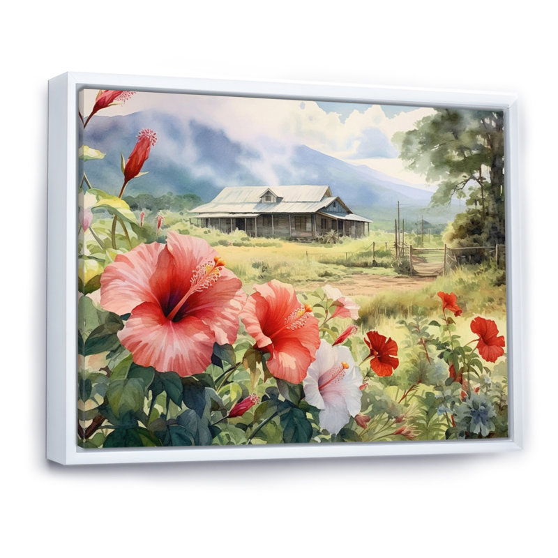 «Pink Green Hibiscus Harmony I» sur toile, H 12 po x l 20 po x P 1,5 po, Cadre flottant blanc