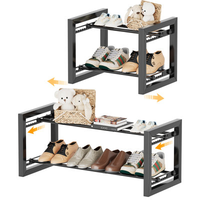 Expandable Shoe Rack, 2 Tier Metal Shoe Shelf, Adjustable Shoe Stand for Sneakers, Boots, Heels, Heavy-Duty Steel Standing Shoe Organizer for Entryway