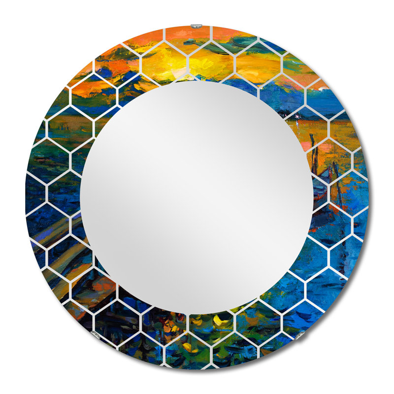 Bateau pendant la soirée, lueur au lac II - Miroir mural nautique et côtier, 24 po x 24 po