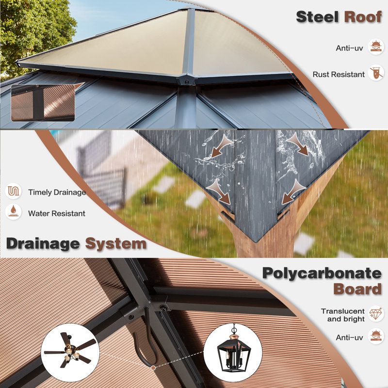 14 Ft. W x 12 Ft. D Metal Patio Gazebo,  Ultra-Thick Columns and Beams, Metal Canopy with Wood Grain Aluminum Frame