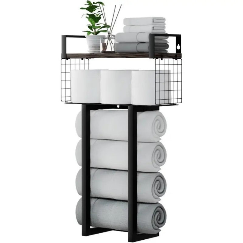 Tablettes de salle de bain murales multifonctionnelles avec porte-serviettes, porte-papier et panier de rangement - Tablettes flottantes en bois peu encombrantes