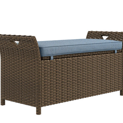 27 Gallon Deck Storage Bench In Dark Blue, With Cushion And Handles, Rectangular Garden Box For Patio Blue Console, Capacity Large Rectangle Outdoor