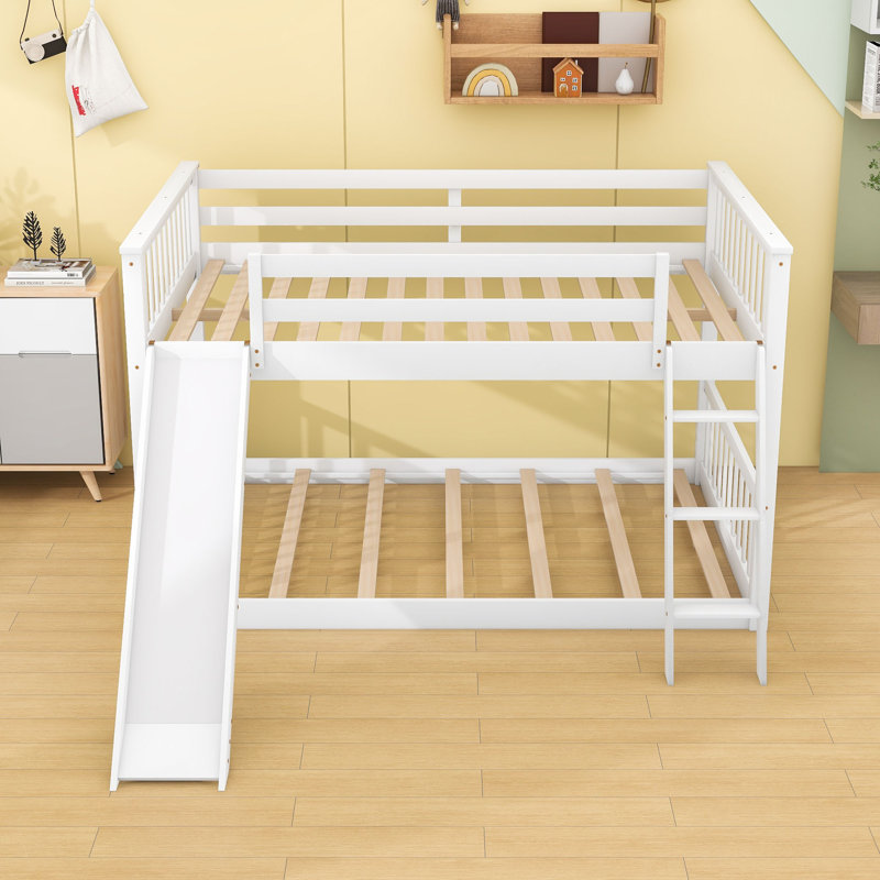 Lit superposé double en bois avec glissière réversible et échelle, Blanc
