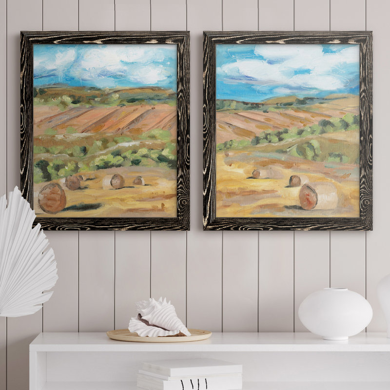 Hay Bales I - ensemble de 2 peintures sur toile encadrées, Toile avec cadre noir, H 20 po x l 34 po x P 1,5 po