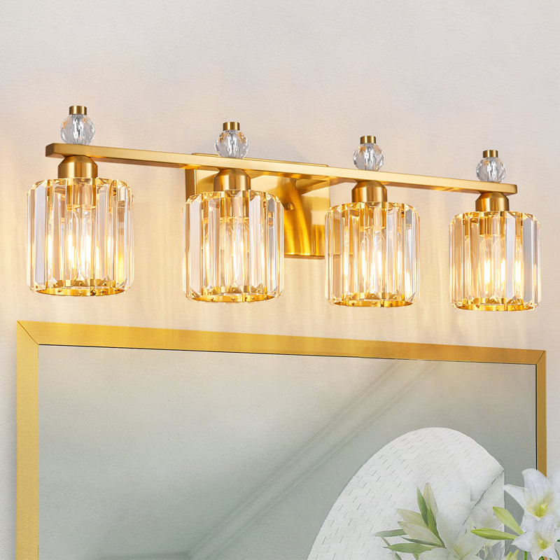 Lampe de meuble-lavabo moderne en cristal avec abat-jour cylindrique, Doré, Quatre lumières