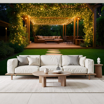 Peel and Stick Wallpaper Cozy Outdoor Pergola String Lights Modern Patio Furniture Wall Murals 69"H x 96"W Removable PVC Wall Paper Self-Adhesive Wall Decor for Nursery Bedroom Living Room Home Office
