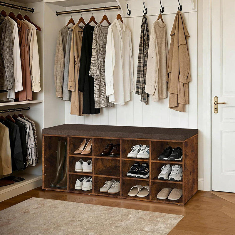 Banc de rangement à chaussures avec coussin, étagère à chaussures d'entrée à 15 compartiments avec étagères réglables, siège amovible et lavable, organisateur brun rustique pour couloir, placard et chambre