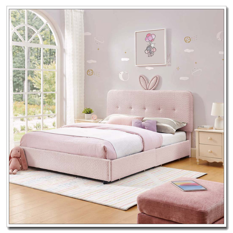 Lit tapissier avec tête de lit surdimensionnée, lumière DEL et 4 tiroirs de rangement, Lit double, Rose