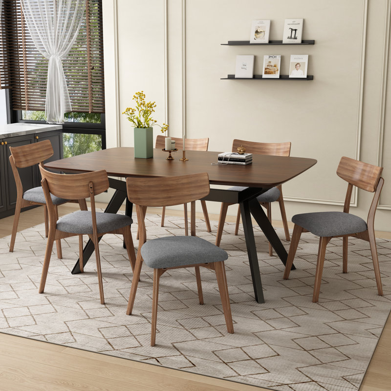Quentarius Upholstered Dining Set With Rubberwood Frame, Dark Gray/Walnut, 6