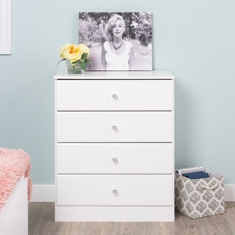 Mcclarrie 34" Tall 4-Drawer Dresser for Bedroom, Chest of Drawers, Storage for Bedroom, Living Room, Office, 18.25" D x 30" W x 34" H, White Acrylic Knobs