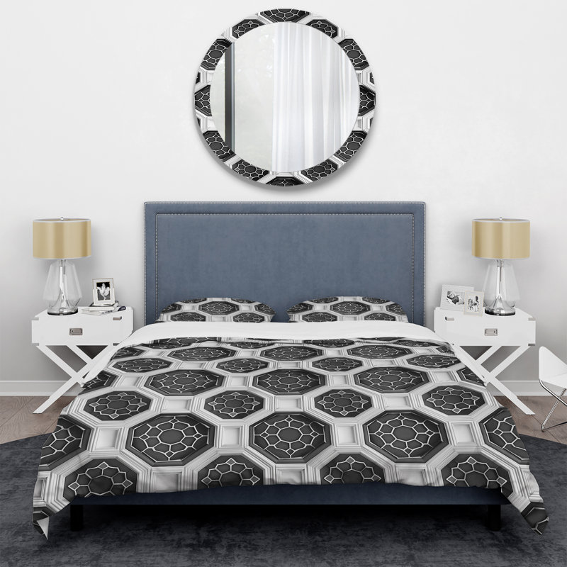 Ensemble de housse de couette moderne noir et blanc Modern Hexagon III, Housse de couette pour grand lit et 2 taies décor