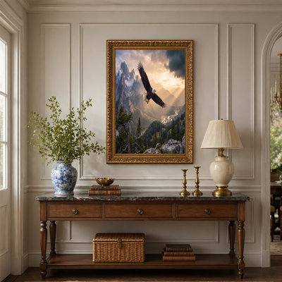 Soaring Bald Eagle Over Misty Mountain Peaks Canvas Wall Art