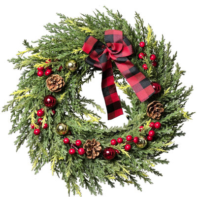 Christmas Wreath 16 Inches, With Metal Hanger, Timer, Christmas Front Door Wreath Battery Operated, Lighted Christmas Decorations -  The Holiday AisleÂ®, C36D6C89A68F4D87898D6B6734D47C02