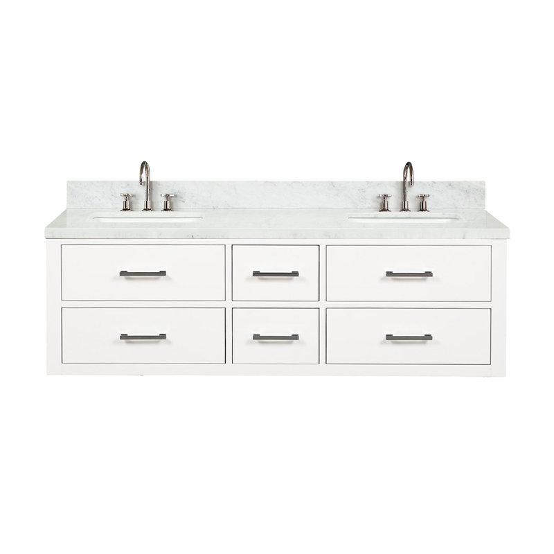 60" Wall-Mounted Double Bathroom Vanity Set, White, White Quartz
