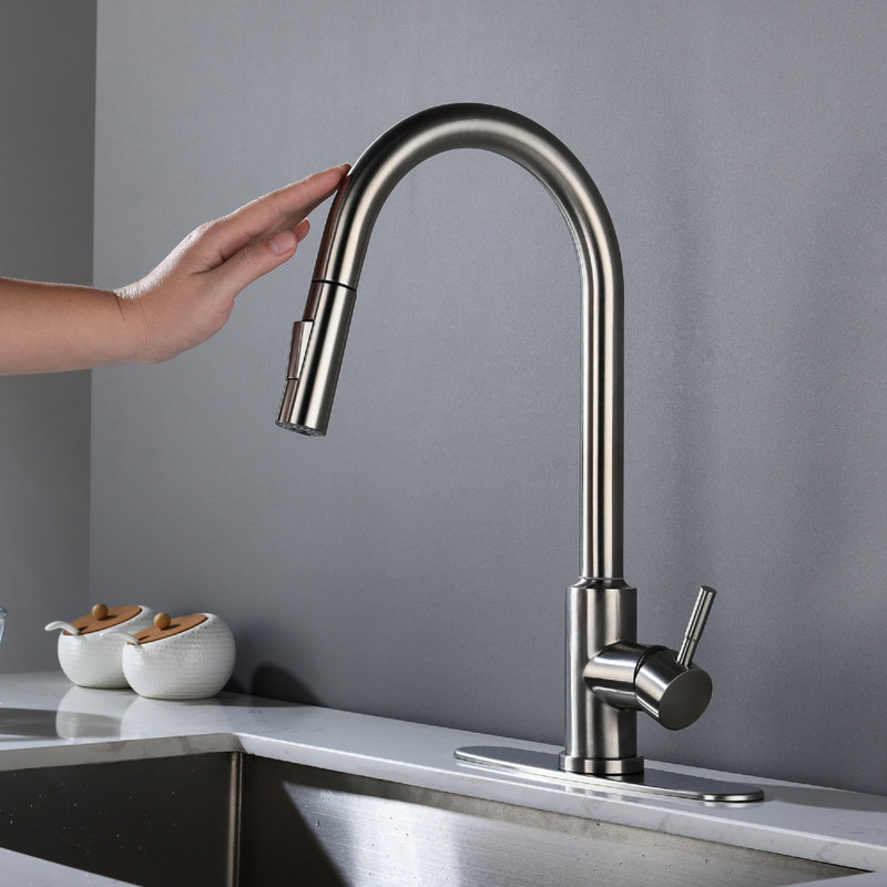 Robinet de cuisine tactile avec fonction rétractable - jet à 360 degrés, corrosion, nickel brossé, robinet rétractable et pivotant en acier inoxydable, débit d'eau stable
