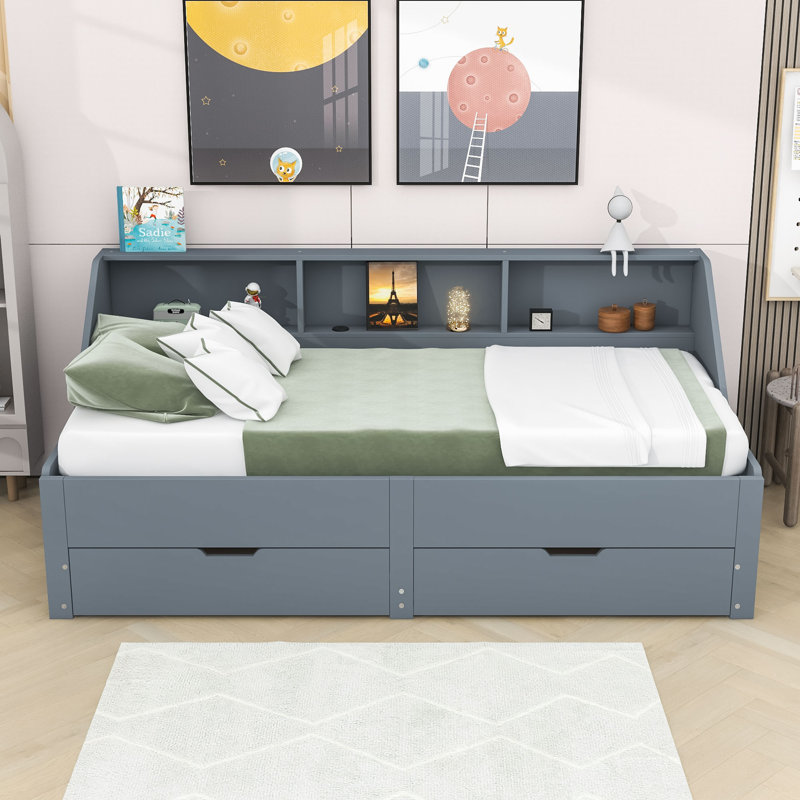 Twin to King Daybed with Storage Bookcases, Built-in Charging Station, Drawers and USB Ports, Gray