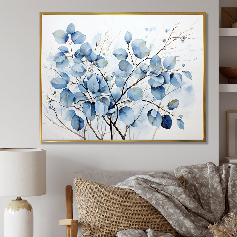 Art mural bleu et gris avec feuilles sur une branche III - feuilles, H 30 po x l 40 po x P 1,5 po, Cadre flottant doré