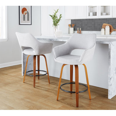 Sarah Fixed-Height Fabric Bar & Counter Stool with Bent Wood Legs & Round Footrest