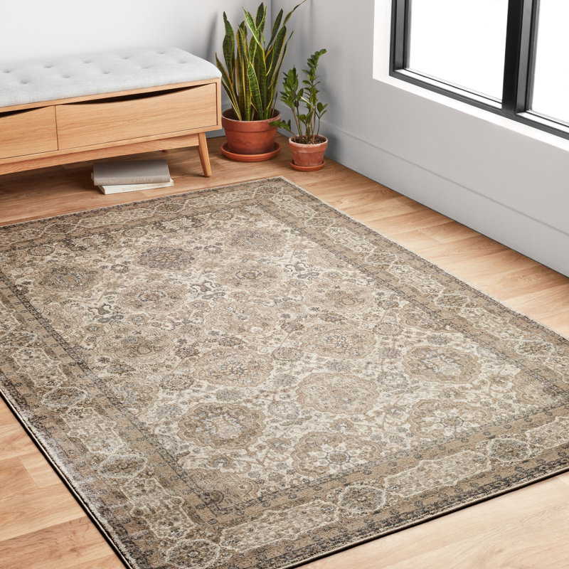 Tapis oriental sable / taupe / bleu Adelbert, Rectangle 2 pi 8 po x 7 pi 6 po