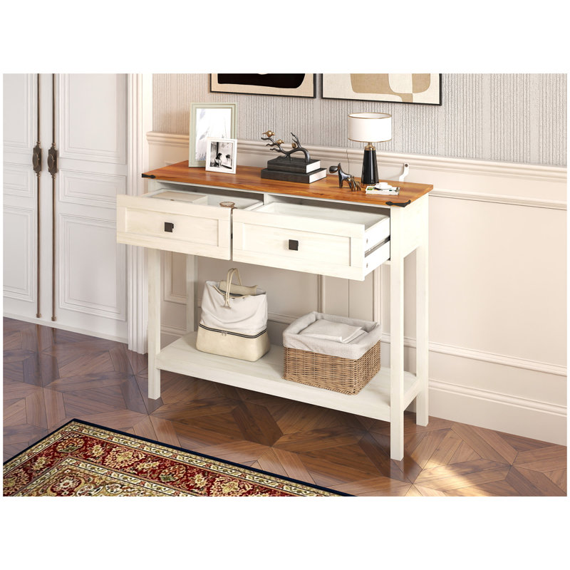 Console Farmhouse avec tiroirs et tablette de rangement inférieure, table d'appoint rustique pour le salon, couloir, blanc antique | Idée de cadeau