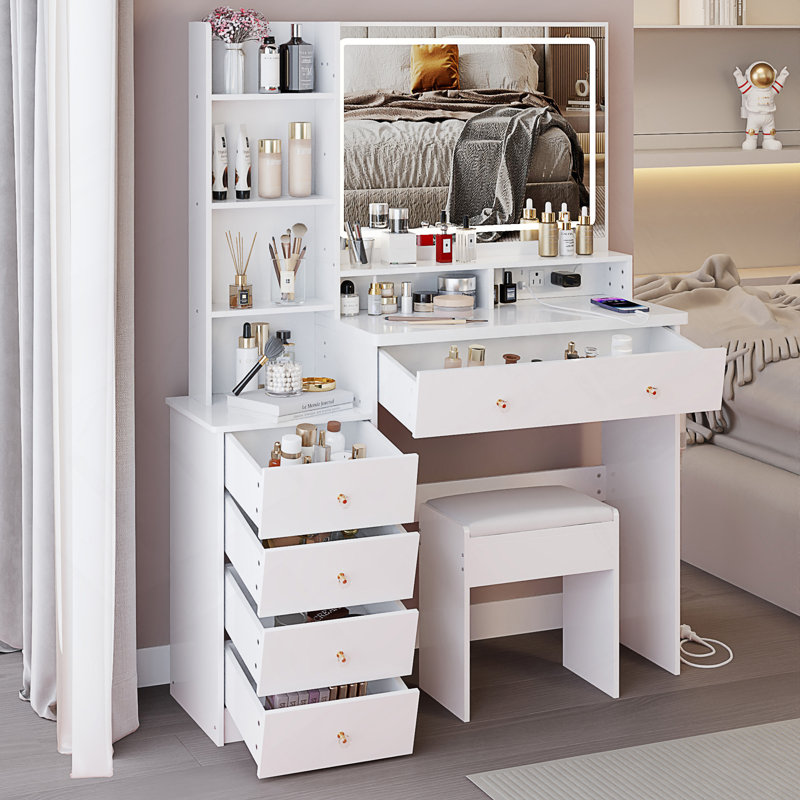 Ensemble de grande coiffeuse de 41 pouces avec miroir à DEL, centrale électrique et tabouret rembourré pour une routine beauté améliorée