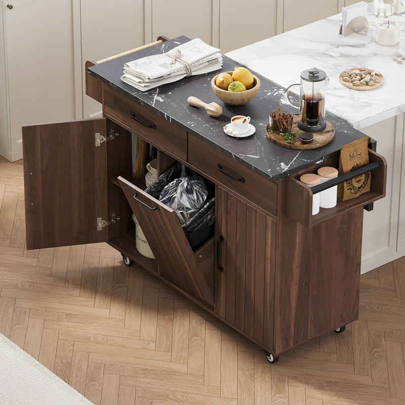 Kitchen Island With Trash Can, Drop Leaf Table, Adjustable Shelf, Spice Rack, Towel Walnut Brown Trolley Rack And Bin