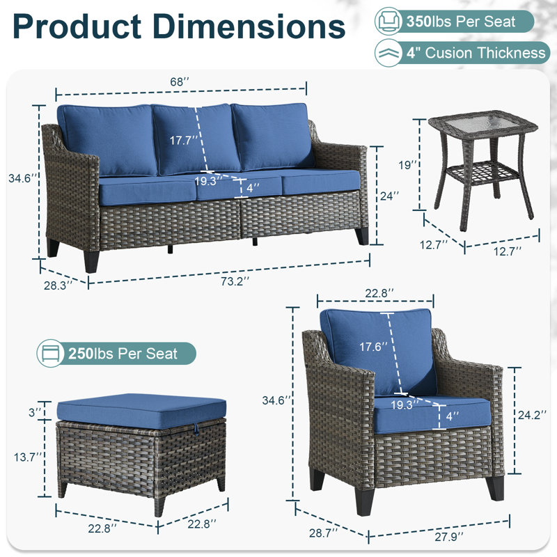 Arlene 6-Piece Outdoor Wicker Conversation Set With Sofa, Lounge Chairs, Ottomans & Side Table, Blue