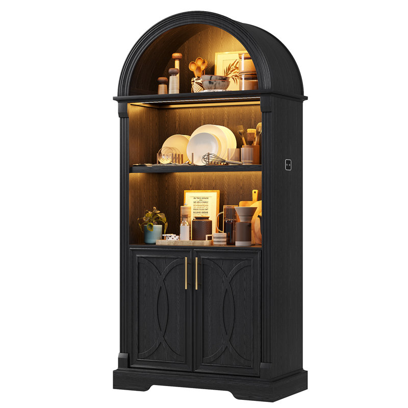 French Vintage Arched Display Cabinet with LED Lighting, Open Shelving and Cupboard Storage, Black