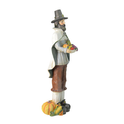 13.75" Autumn Harvest Wood Carved Thanksgiving Pilgrim Man Decorative Figure