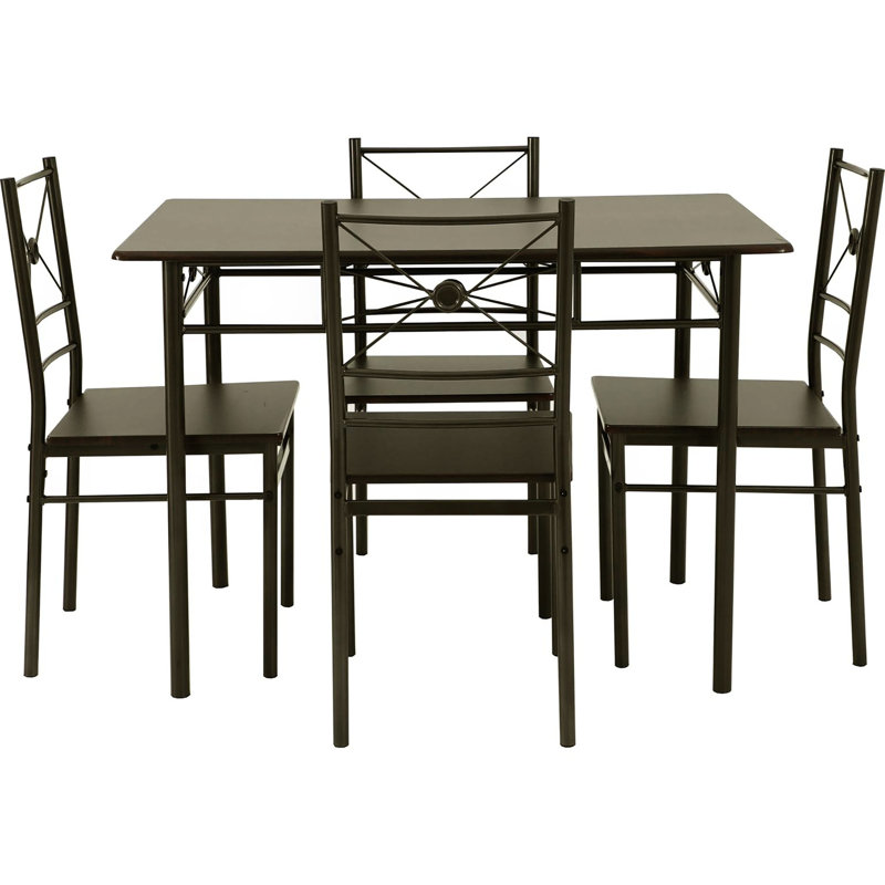 Table de salle à manger de style rustique 5 en noyer et bronze foncé avec table fixe et 4 places assises, Brun