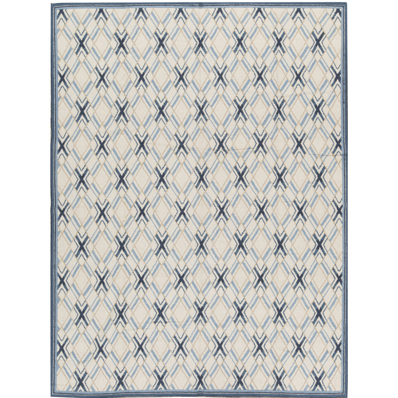 Tapis ivoire et bleu noué à la main de haute qualité