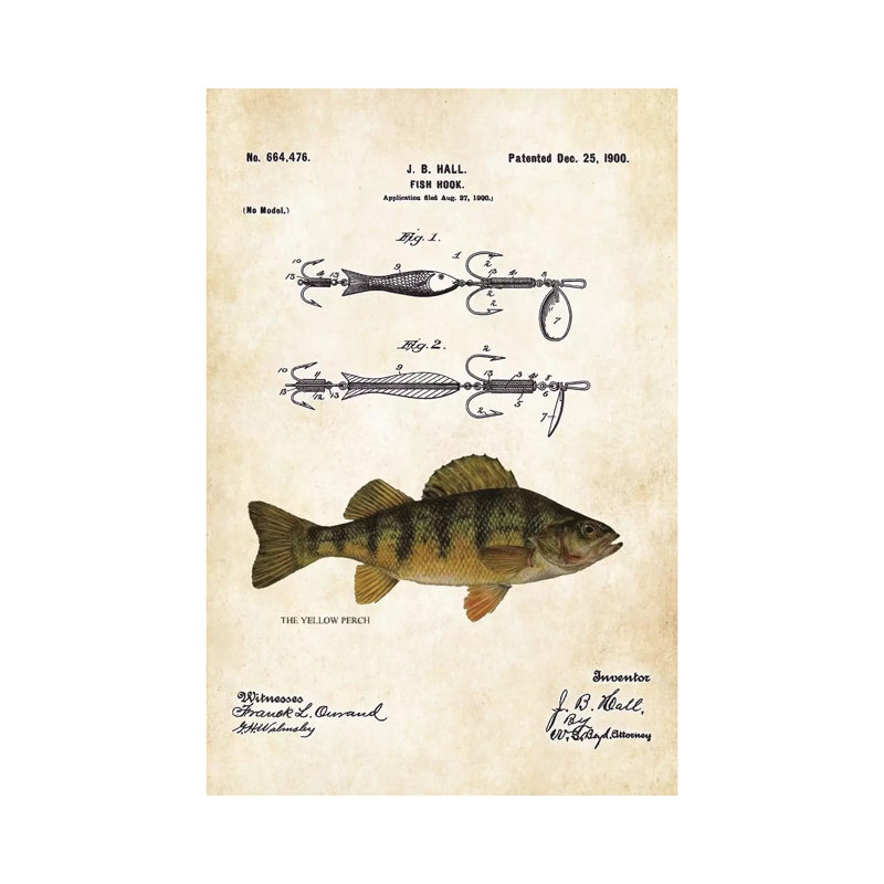 Yellow Perch Fishing Lure by Patent77 - Wrapped Canvas Print, 30.48 cm H x 45.72 cm W