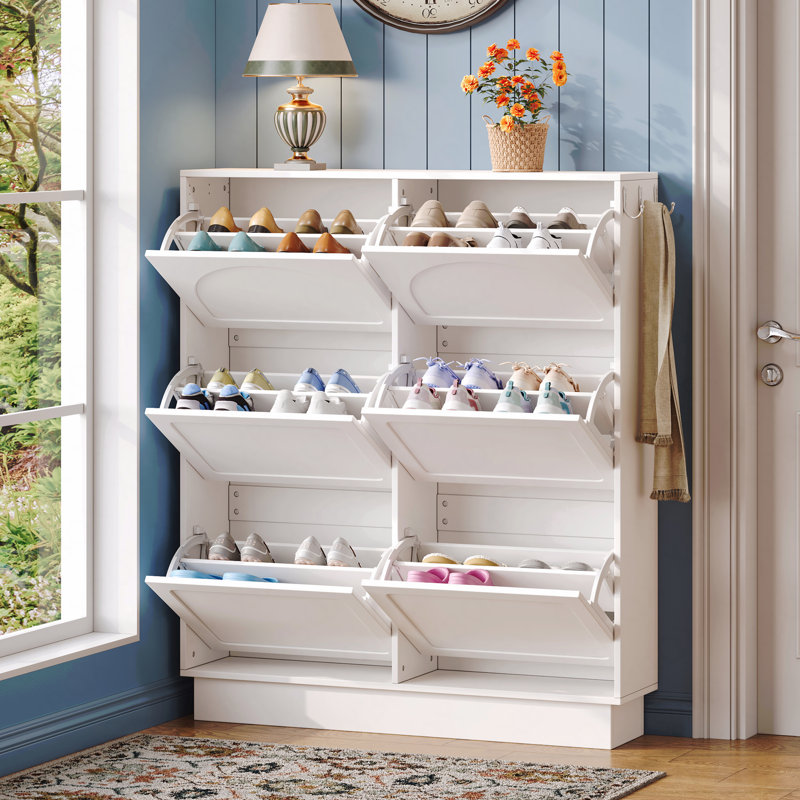 Modern Shoe Storage Cabinet With 6 Flip Drawers, Space Saving, Cream Style Entryway Organizer With Adjustable Shelf, Free-Standing With 3 Silvery Hooks