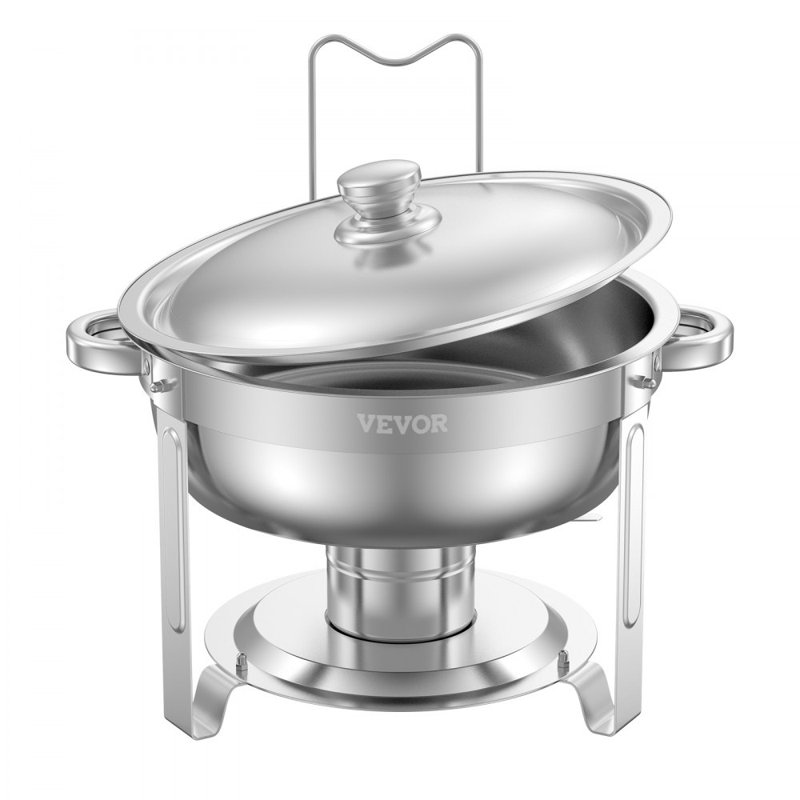 5 Qt Round Chafing Dish Buffet Set Fullsize Pan Stainless Steel, Silver