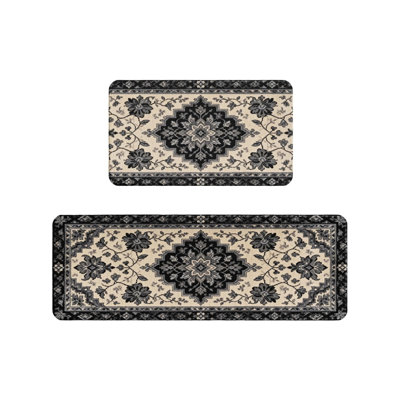 Black White Persian Flannel Kitchen Mats, 2 Pack Traditional Home Decor Rugs For Kitchen & Dining Room