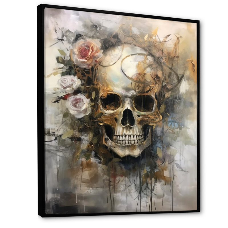 Crâne en fleurs - impression, H 32 po x l 24 po x P 1 po, Cadre flottant noir