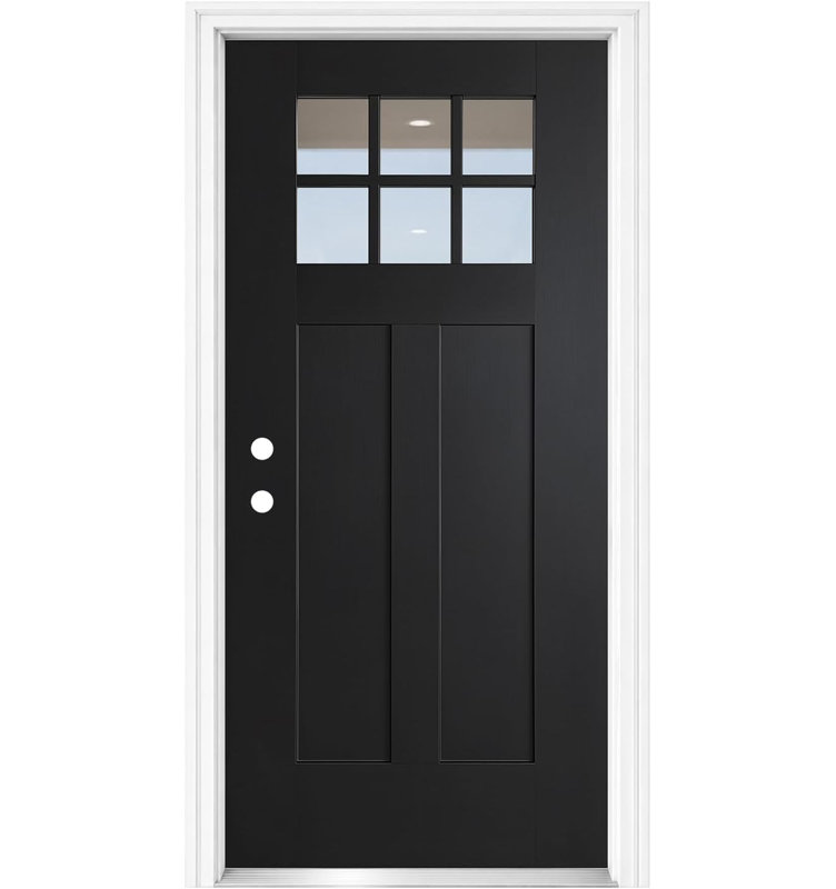 36"x80" Fiber Reinforced Panel Door,Right Hand Inswing,Black,Exterior Entry Door,6-Lite Low-E Glass,2-Panel Craftsman,Brush FRP Door,Through Color Finish,for Home Entrance