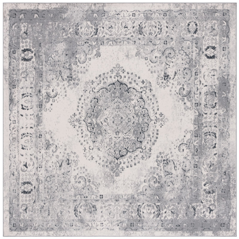 Tapis gris / ivoire en polyester tissé à la machine Haval, Carré 6 pi 7 po
