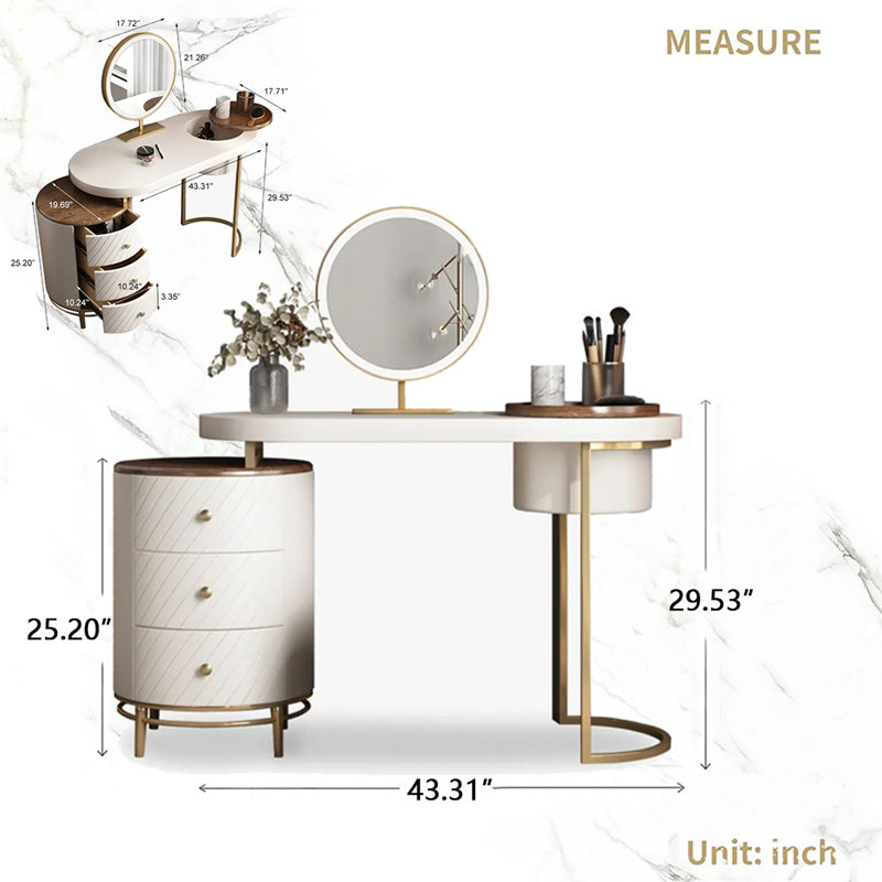 Ensemble de coiffeuse moderne 43 "avec miroir lumineux à DEL, plateau amovible, 4 tiroirs en bois massif, sans tabouret