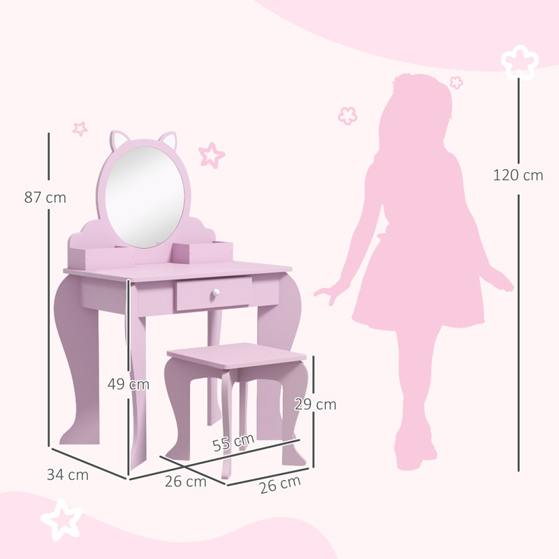 Alec Kids Dressing Table with Mirror Stool for Ages 3-6 Years Pink