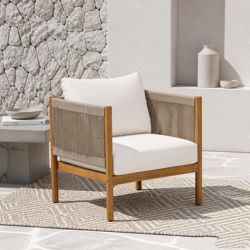 Fauteuil club d'extérieur avec structure en bois d'acacia, Beige,Cream,Teak-1piece