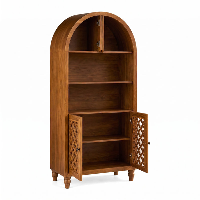 Bibliothèque arquée 67 "en bois sculpté avec tablette ouverte et portes, armoire de rangement rétro, 67