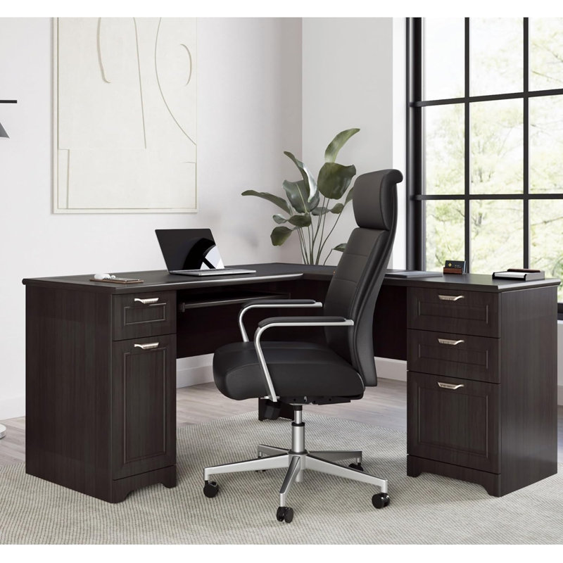 Bureau de direction en L avec classeur mobile, grand bureau d'ordinateur avec tiroirs et tablettes de rangement, brun rustique