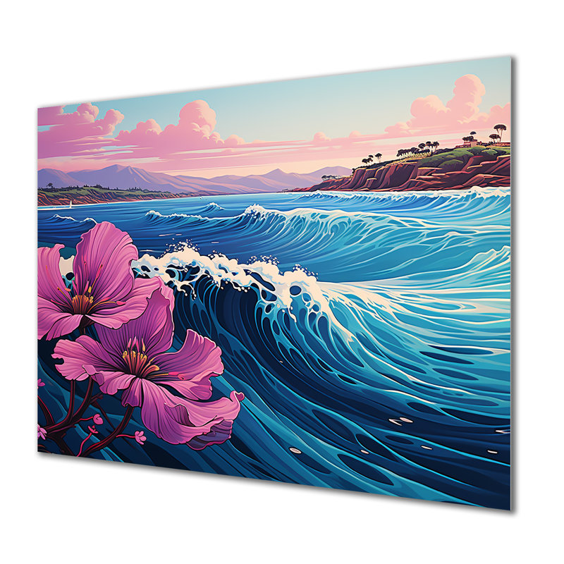 Bleu et mauve attrapant des vagues au Japon - Art mural en métal au Japon MT134807, H 24 po x l 32 po x P 1 po