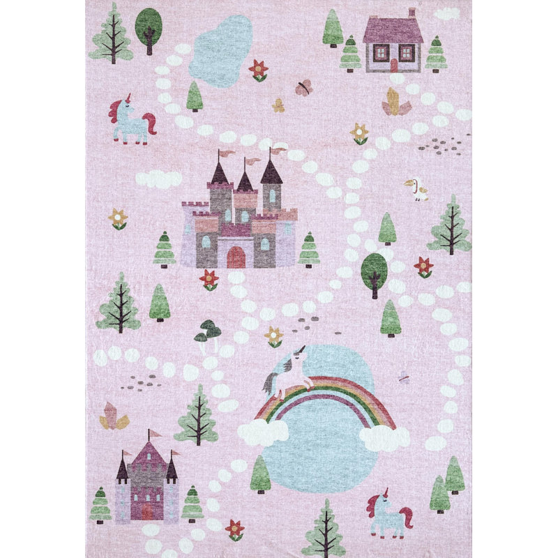 Tapis juvénile château et arc-en-ciel rose 7 pi x 10 pi